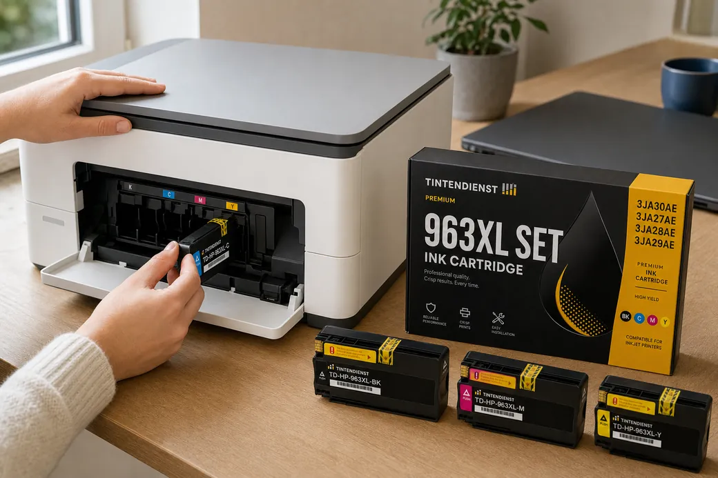 Tintendienst Premium 963XL-Set: eine Patrone wird in den Drucker eingesetzt